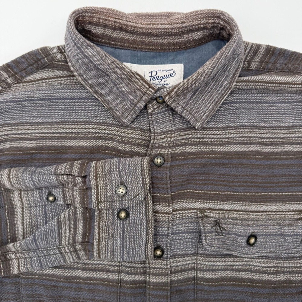 Original Penguin Button Down Mens S Brown Striped‎ Flannel Style Long Slv Shirt